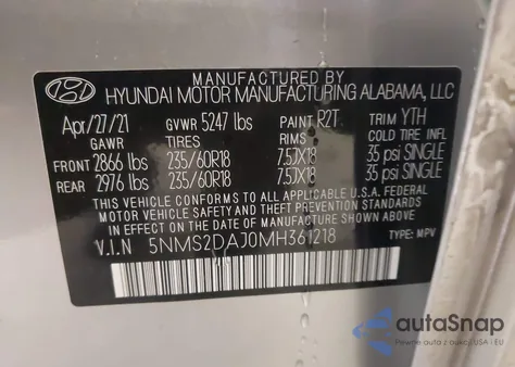 2021 Hyundai Santa Fe Sel from USA, damaged, VIN 5NMS2DAJ0MH361218